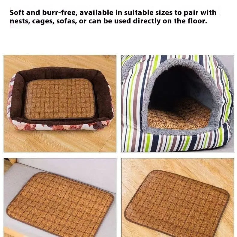 Brown rattan cooling mat for dogs on a wooden floor, showing woven texture.