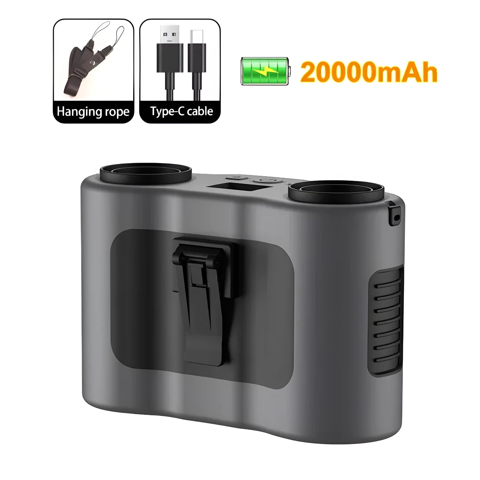 Grey waist-hung personal fan with neck lanyard, showing compact circular design and control button.