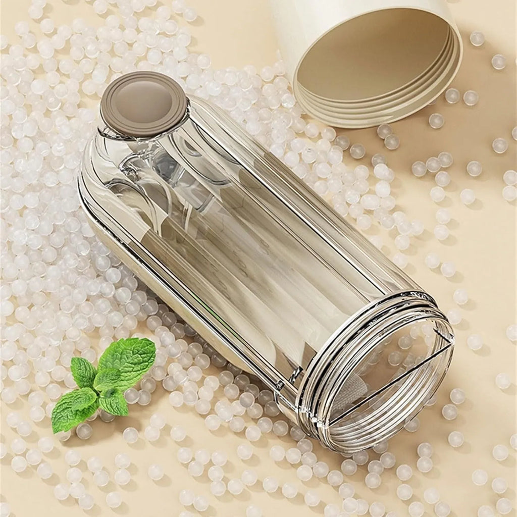 Foldable dog water bottle with food dispenser in beige or green colours for outdoor walking and hiking