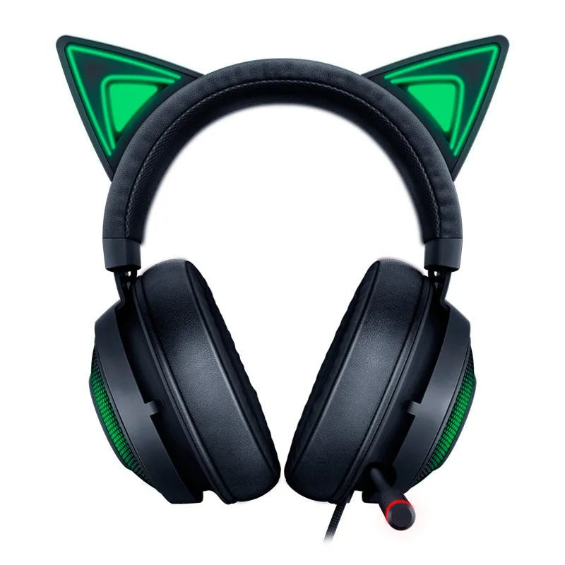 Pink glowing cat earphones with wired USB connection and LED lights on a head-mounted frame
