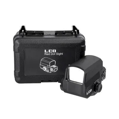 LCO aluminium alloy red dot reflex sight with 20mm rail mount on a black background