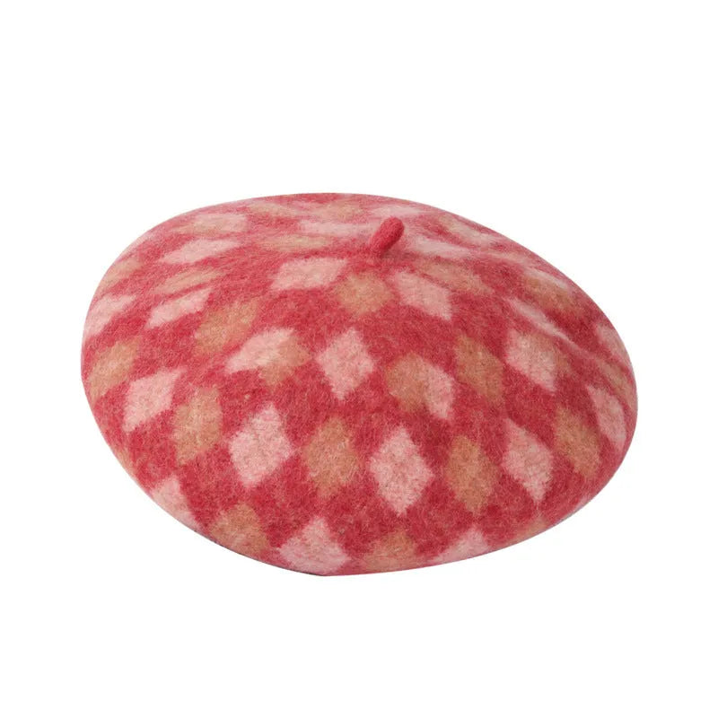 Wool plaid beret in blue light coffee plaid colour with tassel, dome crown, and adjustable fit for women autumn winter