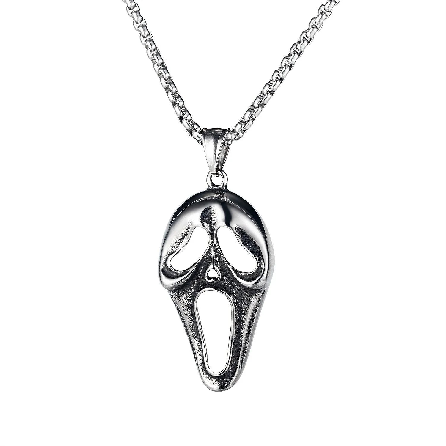 Skull men's stainless steel necklace with silver electroplated alloy pendant in six design variations