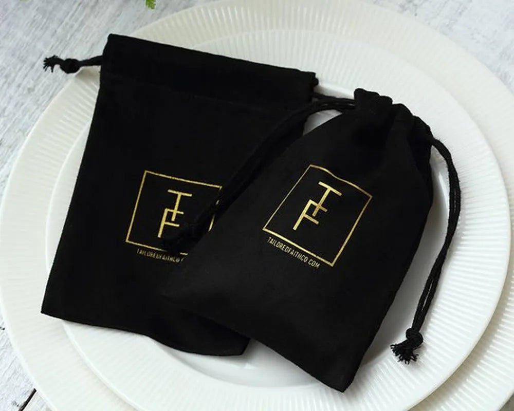 Flannel drawstring storage pouch in coffee colour, 9x12cm size, with drawstring closure on white background.
