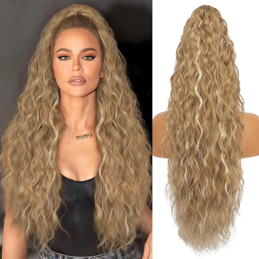 Long, fluffy curly synthetic ponytail wig in a high temperature fibre, shown in a 30-inch length.