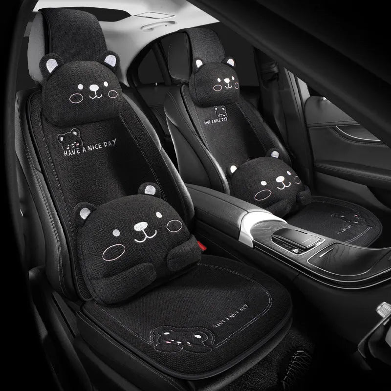 Car cushion set with headrest and lumbar support pillows in linen covers