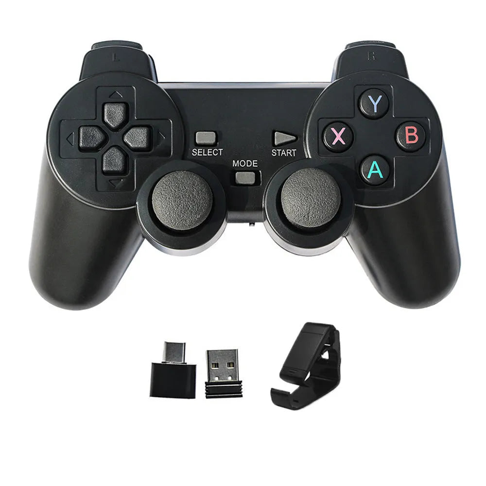 Classic black 2.4GHz wireless gamepad with USB receiver and bracket for Android TV, PC, and PS3