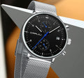 Men's sports chronograph watch with alloy case, stainless steel strap, and IP blue plating