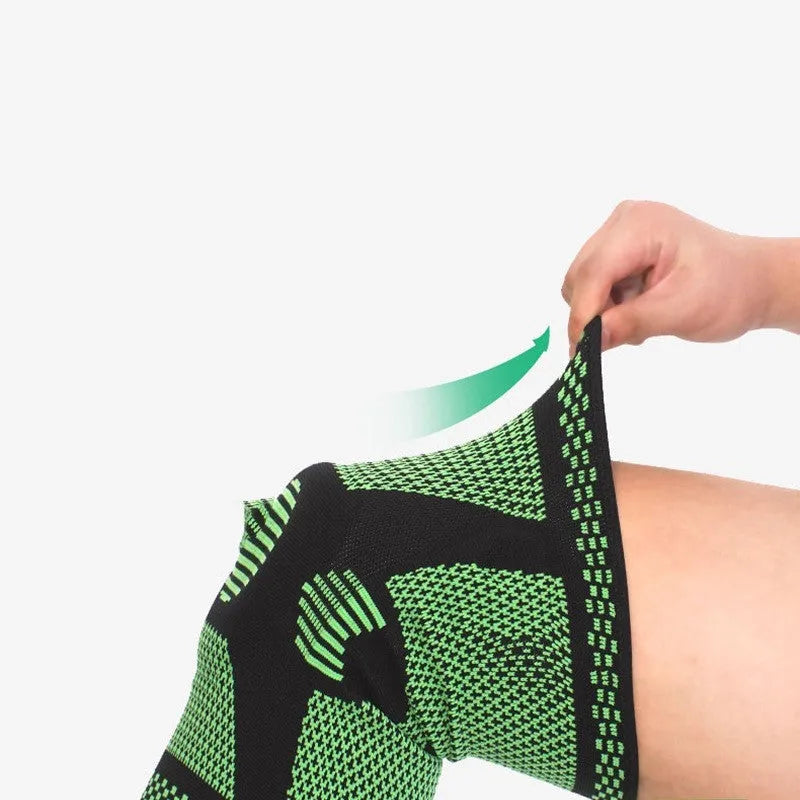 Polyamide sports knee pads with silicone spring support in green, blue, white, and orange colours