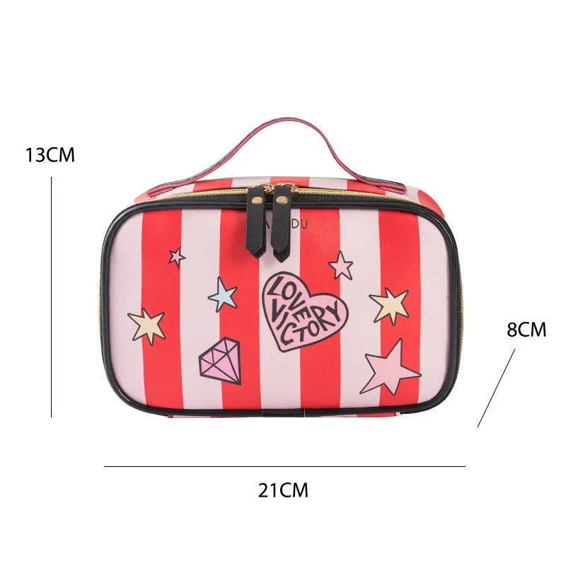 Portable PU leather toiletry bag with zipper closure and printed letter pattern, horizontal square shape for travel storage