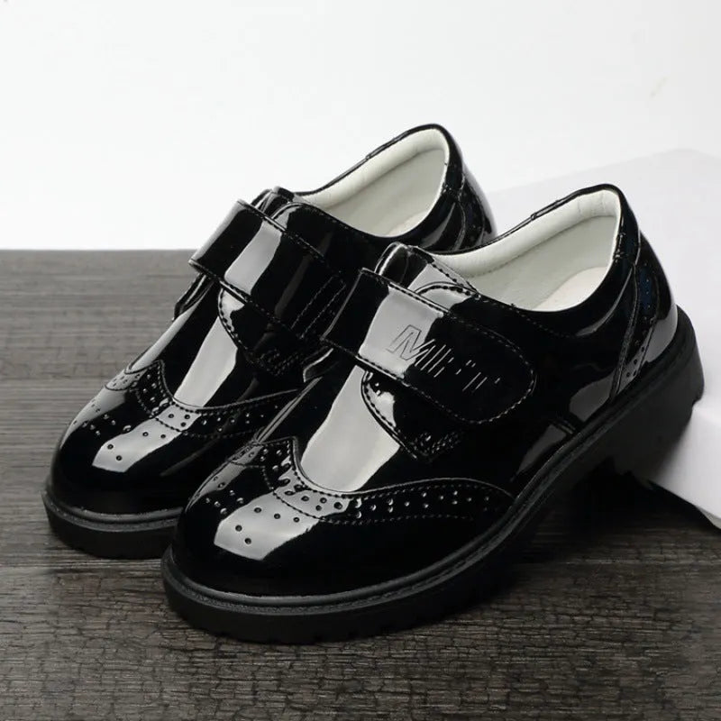 Boys black campus shoes with artificial PU upper and rubber sole, lace or Velcro fastening, sizes 26-42