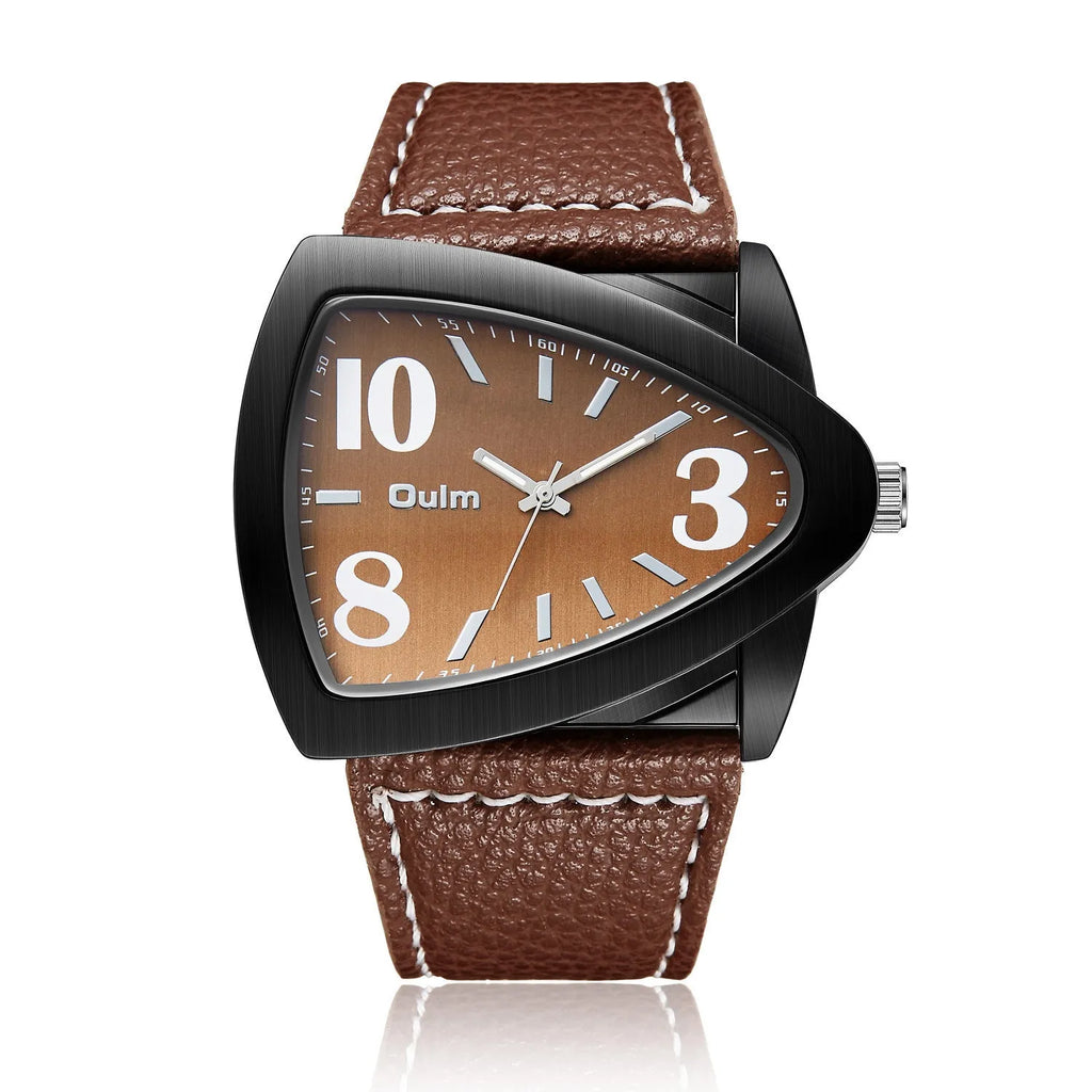 Men's slim brown casual quartz watch with a triangle belt strap on a wrist