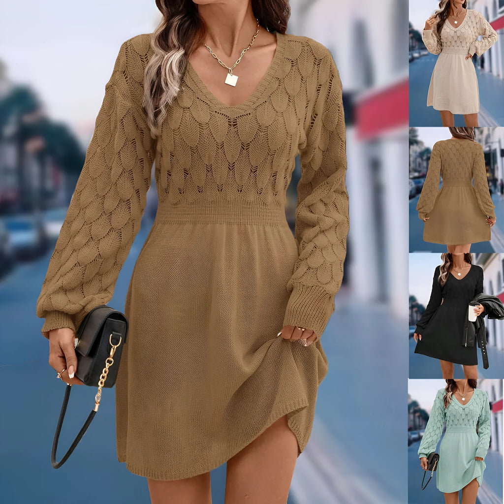 Women's long sleeve apricot V-neck dress with high waist and 3D pattern detail.