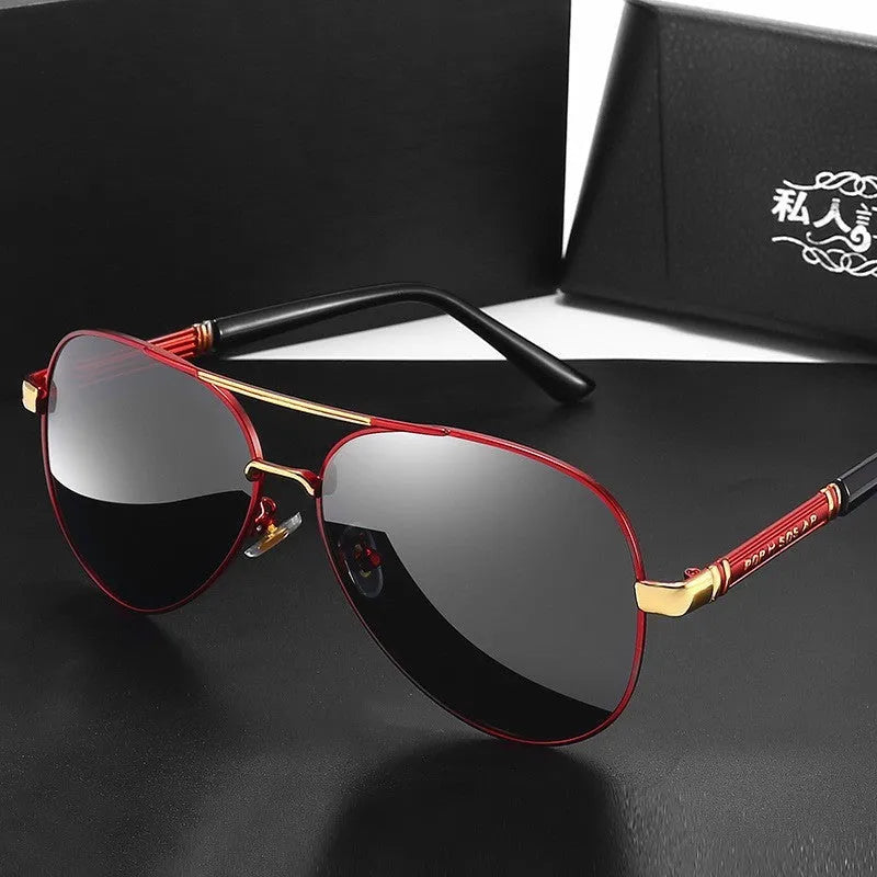 Men's gold metal frame sunglasses with dragon decoration and dark grey polarised lenses