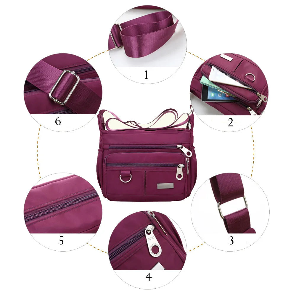 Women's waterproof nylon crossbody shoulder bag with multiple pockets in black