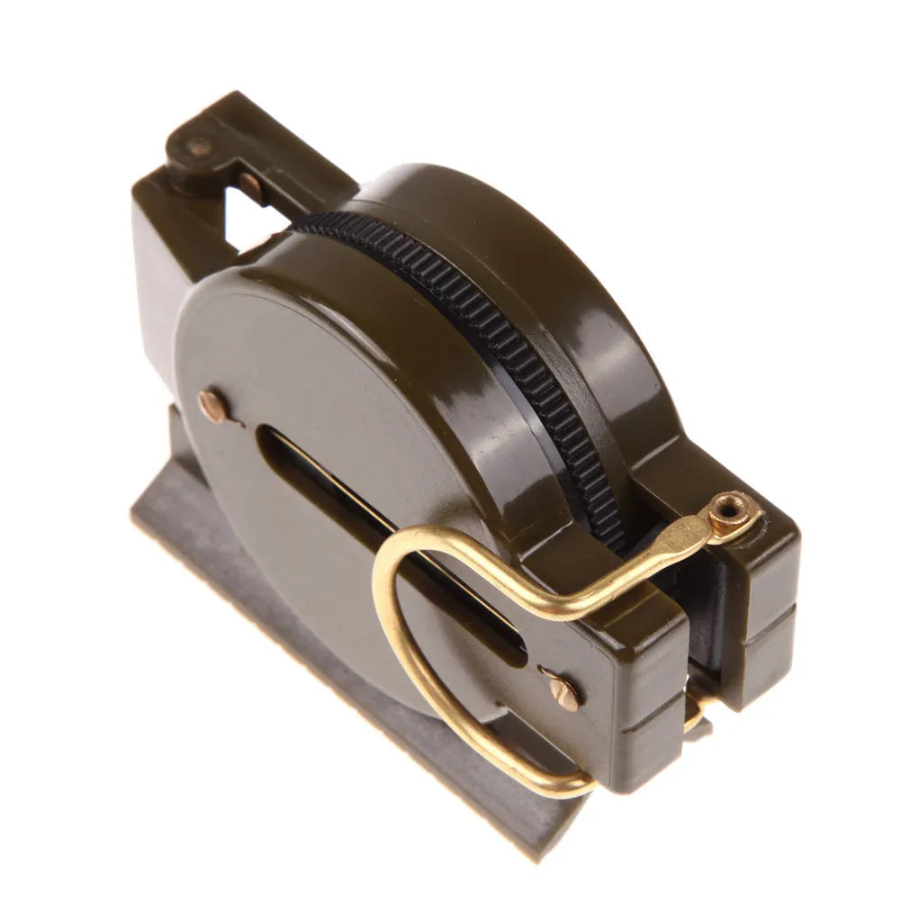Army green aluminium alloy foldable compass with kerosene damping, opened to show lens and needle