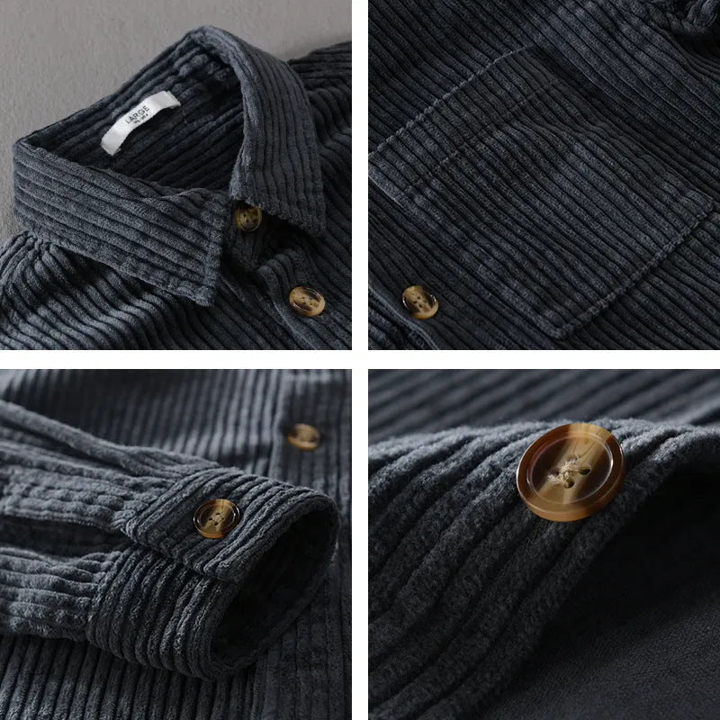 Men's cotton corduroy long sleeve shirt with lapel collar, button front and chest pocket in khaki, green or grey blue