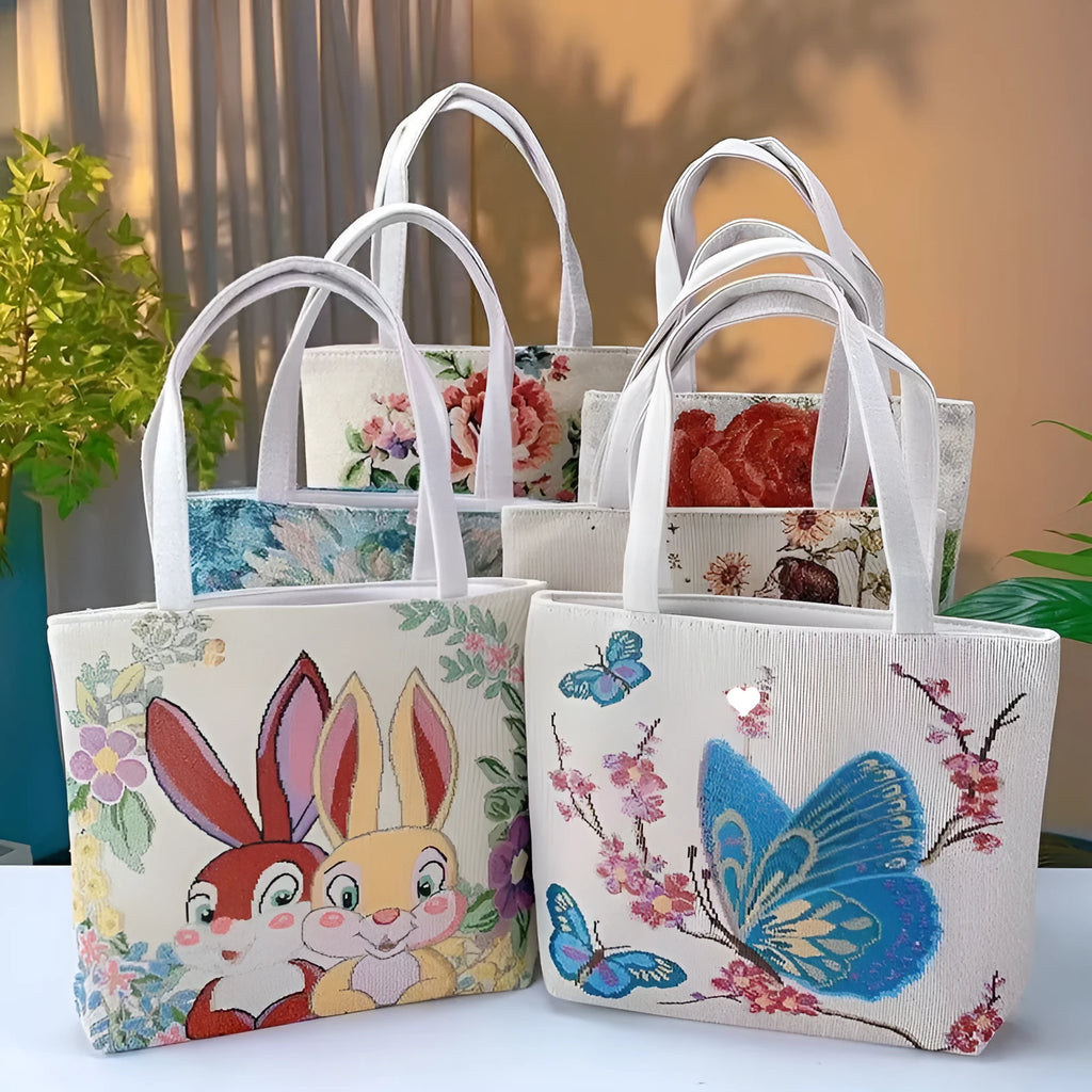Double-sided embroidered canvas tote bag with gold wire trim, shown in a selection of seven colourways.