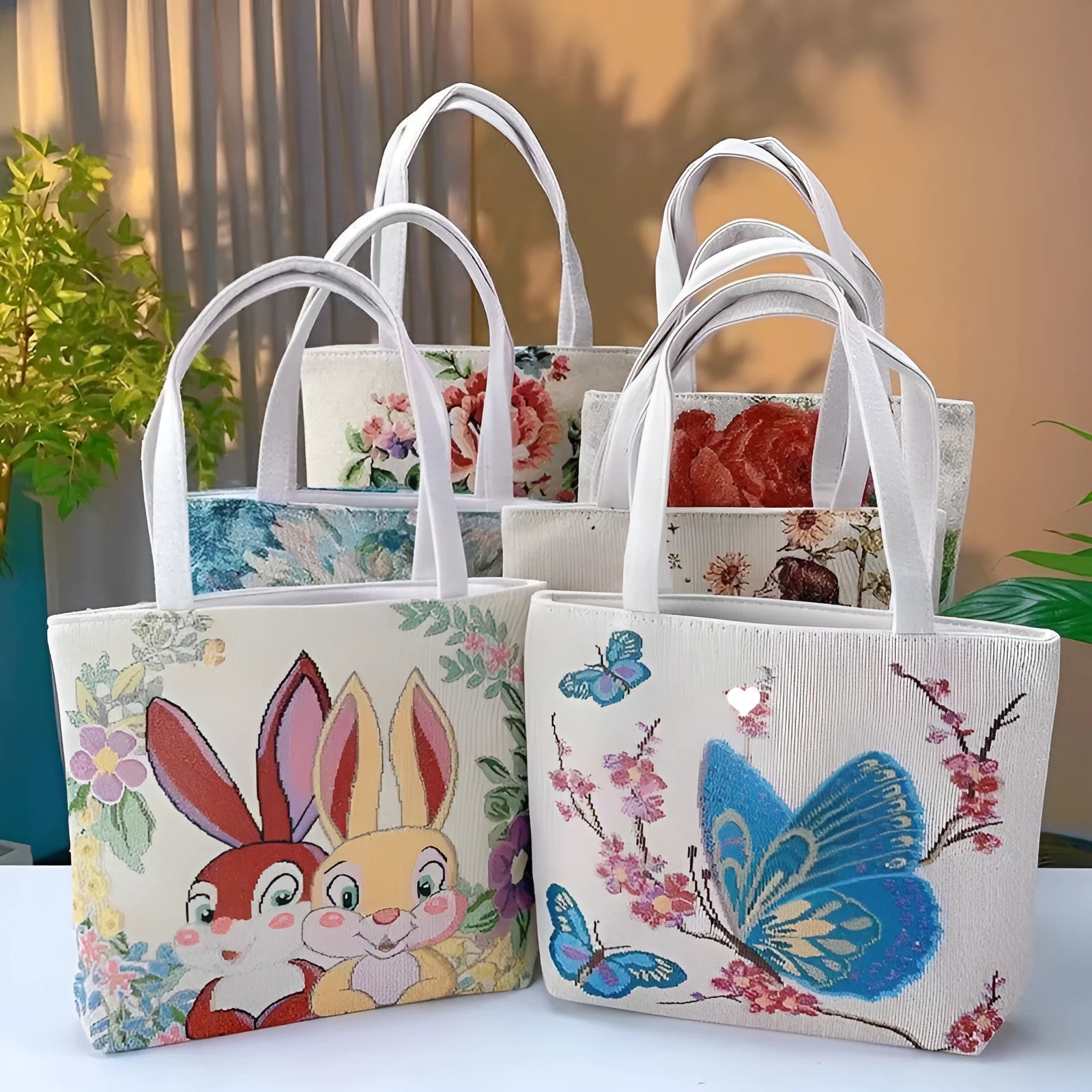 Double-sided embroidered canvas tote bag with gold wire trim, shown in a selection of seven colourways.