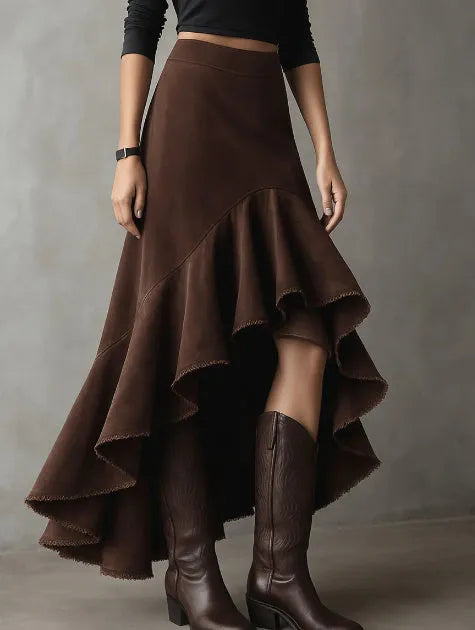 Western brown polyester maxi skirt with high-low hemline and ruffle trim detail