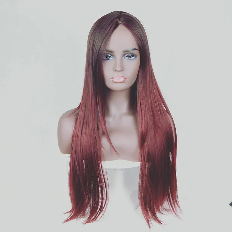 Long straight gradient fake hair wig with air bangs in Korean style made from high temperature silk