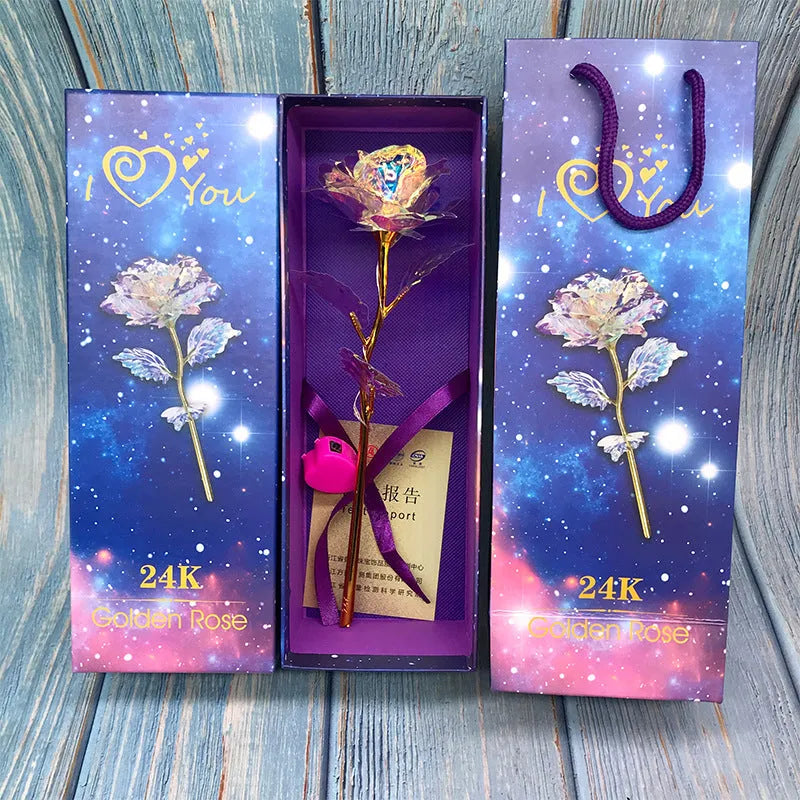24K luminous gold rose flower set in gift box with tote bag, handmade plastic bouquet non-fade artificial roses