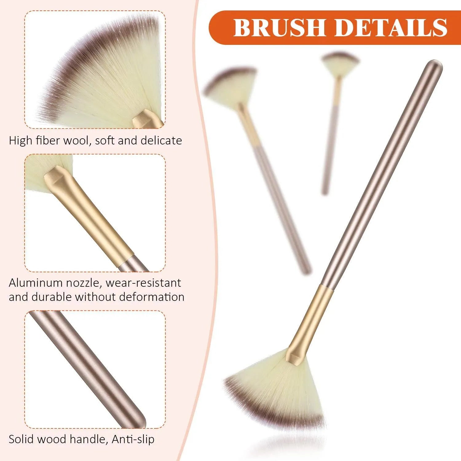 Set of 10 champagne-coloured facial fan brushes with wooden handles on a white background.