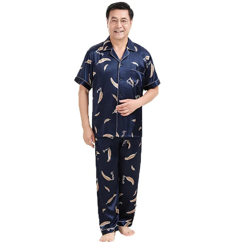 Men's thin ice silk pyjama set with floral print, small lapel and front button top, available L to 3XL
