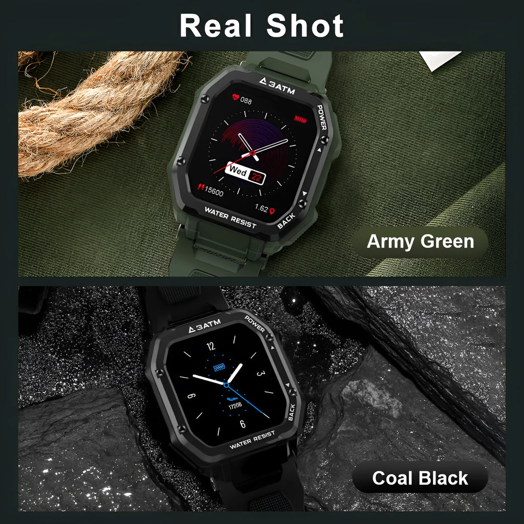 Rugged outdoor smart watch with 1.69-inch screen, silicone strap, black colour, showing sports mode display