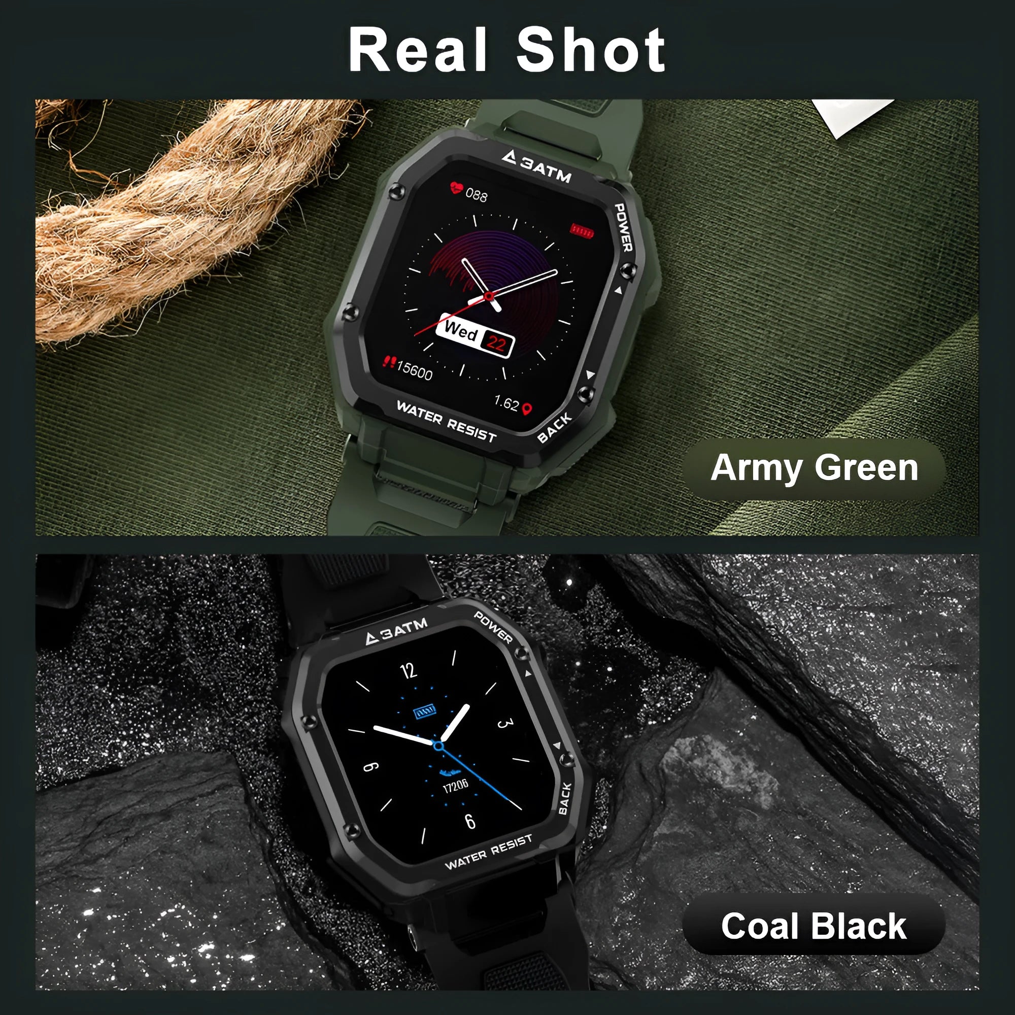 Rugged outdoor smart watch with 1.69-inch screen, silicone strap, black colour, showing sports mode display