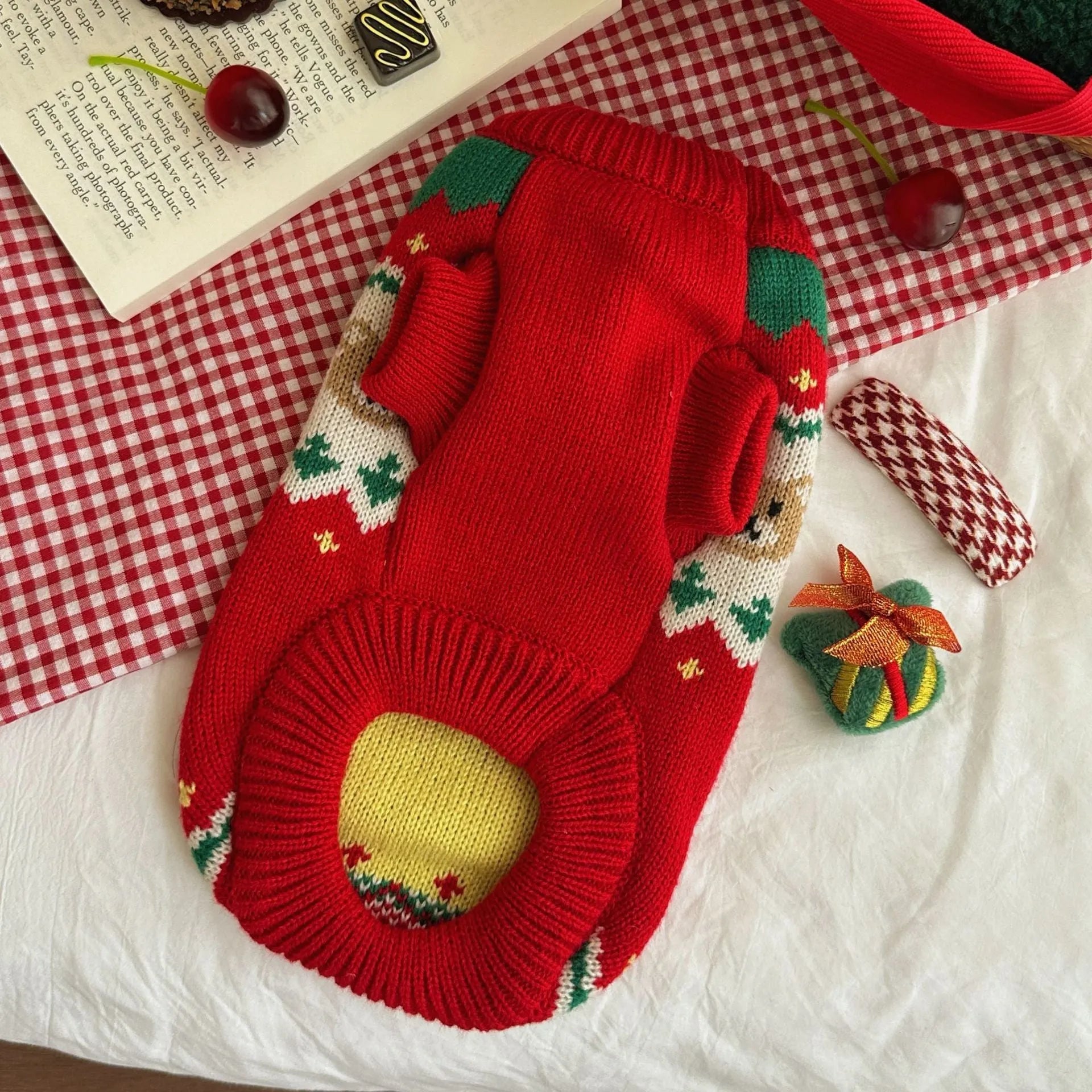 Christmas red cherry pet sweater for small dogs and cats on mannequin showing knit fabric texture