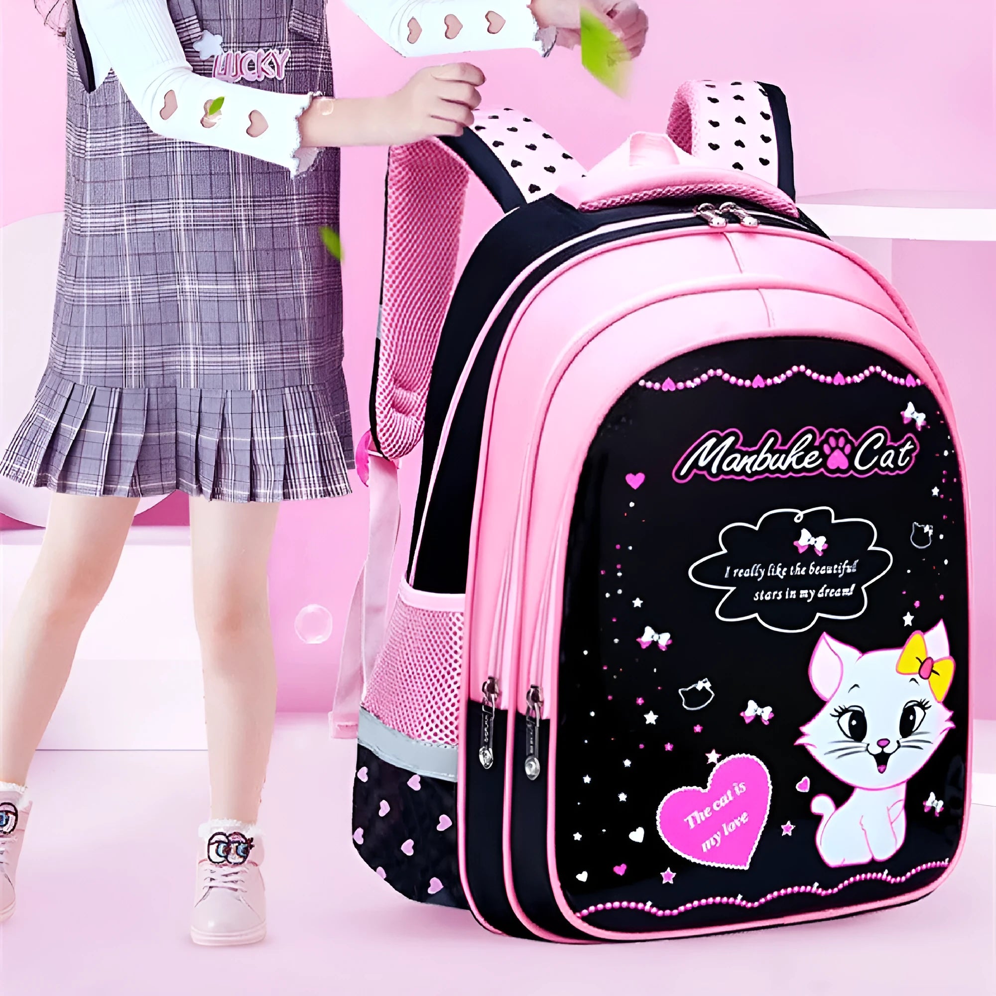 Kids school cute cat print backpack in nylon with zipper opening and computer pocket