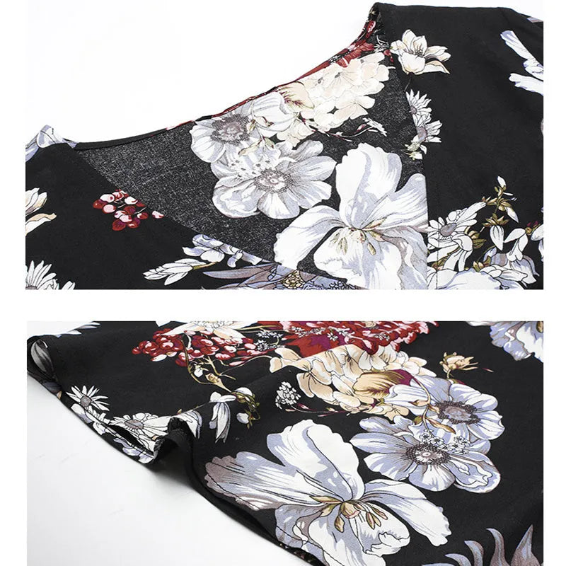 Women's floral summer dress with V neck, short sleeves, elastic waist and large hemline mid-length skirt