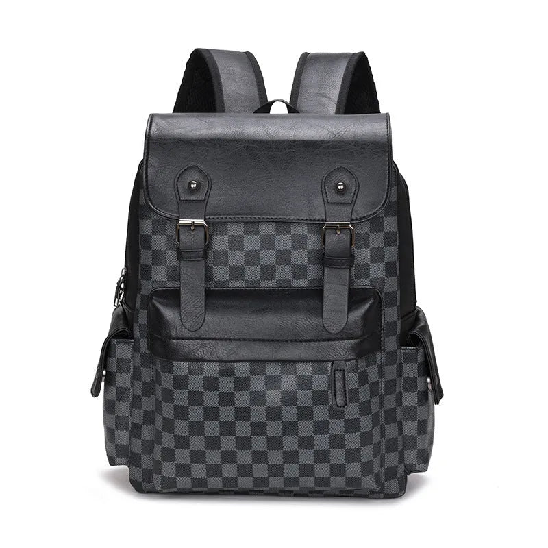 Large capacity black plaid backpack with PU shell, curved shoulder straps, and 35x18x40cm dimensions