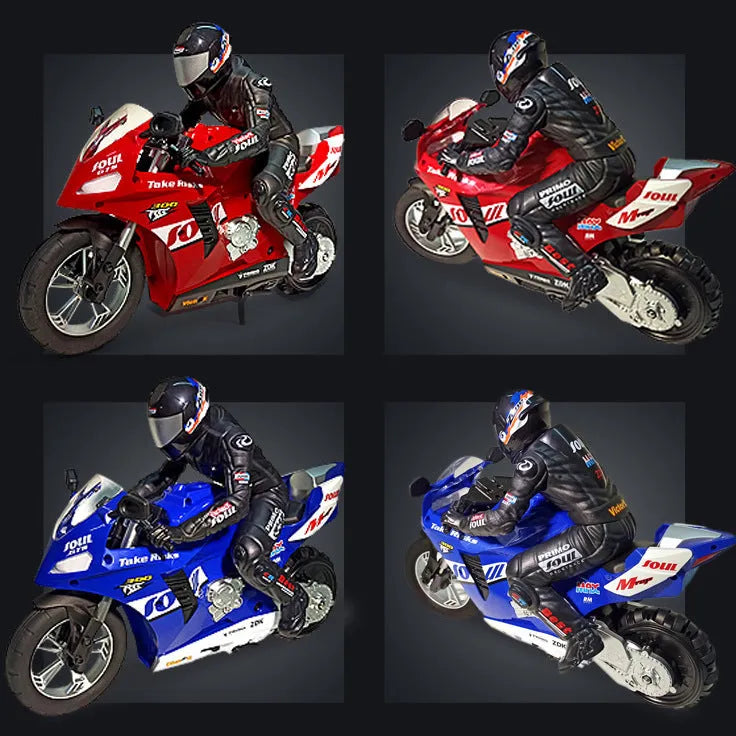 Side-tracking off-road remote control electric motorcycle toy in metallic red with rider