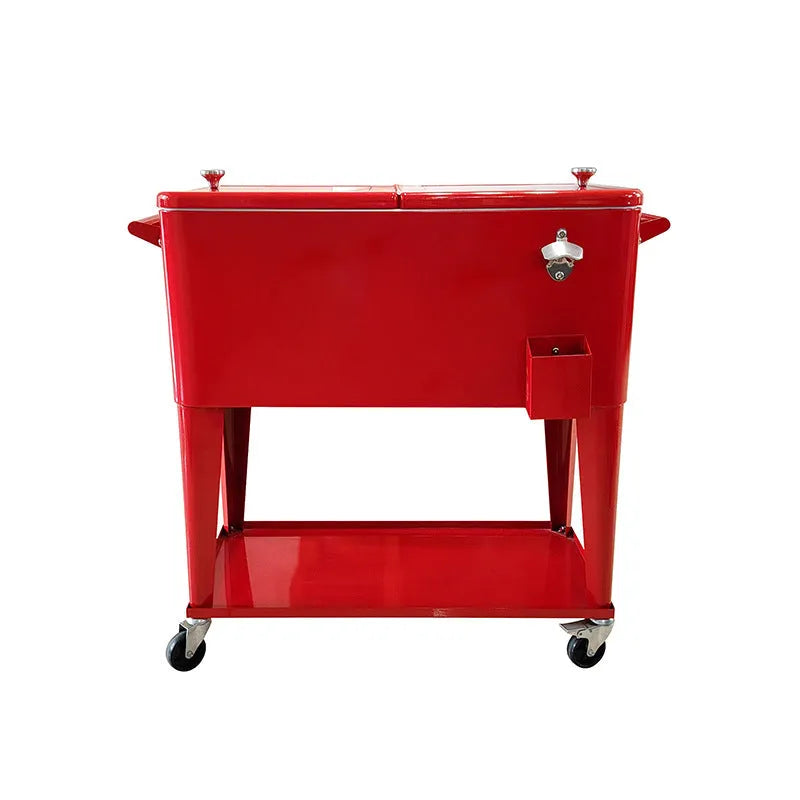 Red outdoor metal insulated catering trolley with 750ml capacity on grass