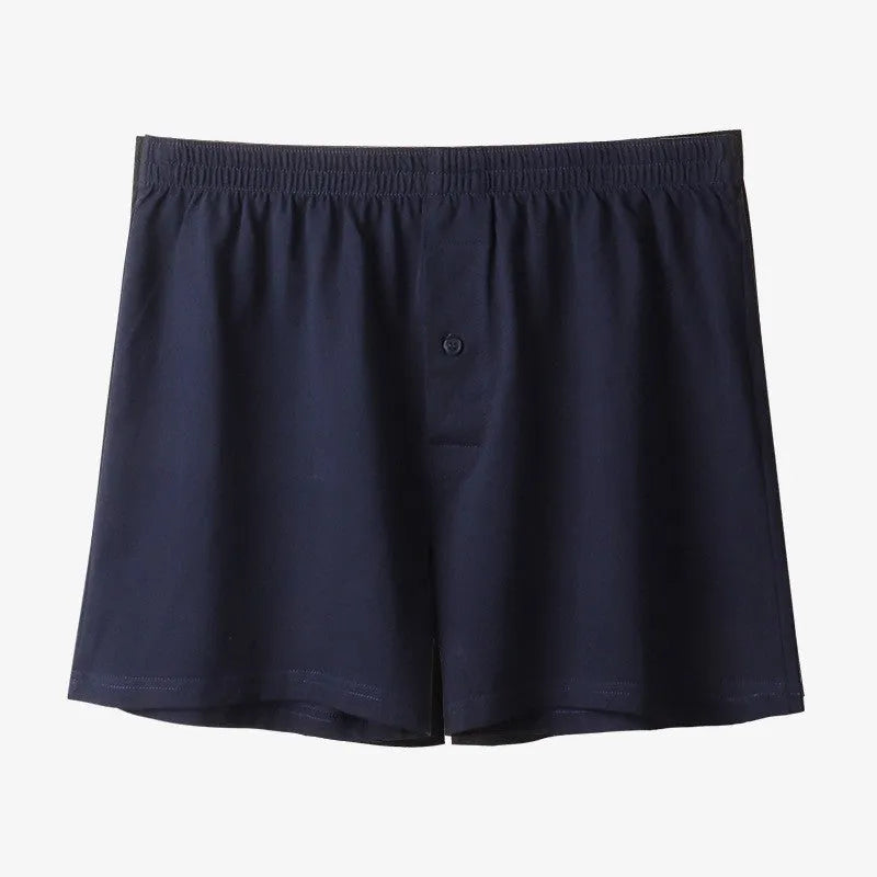 Men's pure cotton boxer shorts in black, light grey and navy blue colours showing high-waist loose fit design