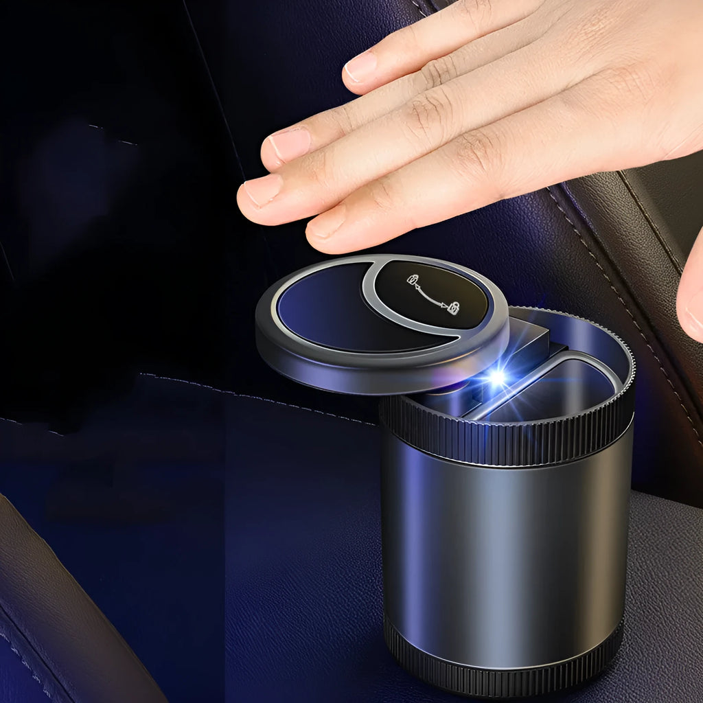 Automatic sensing vehicle ashtray with USB port in grey, black, red, or blue.