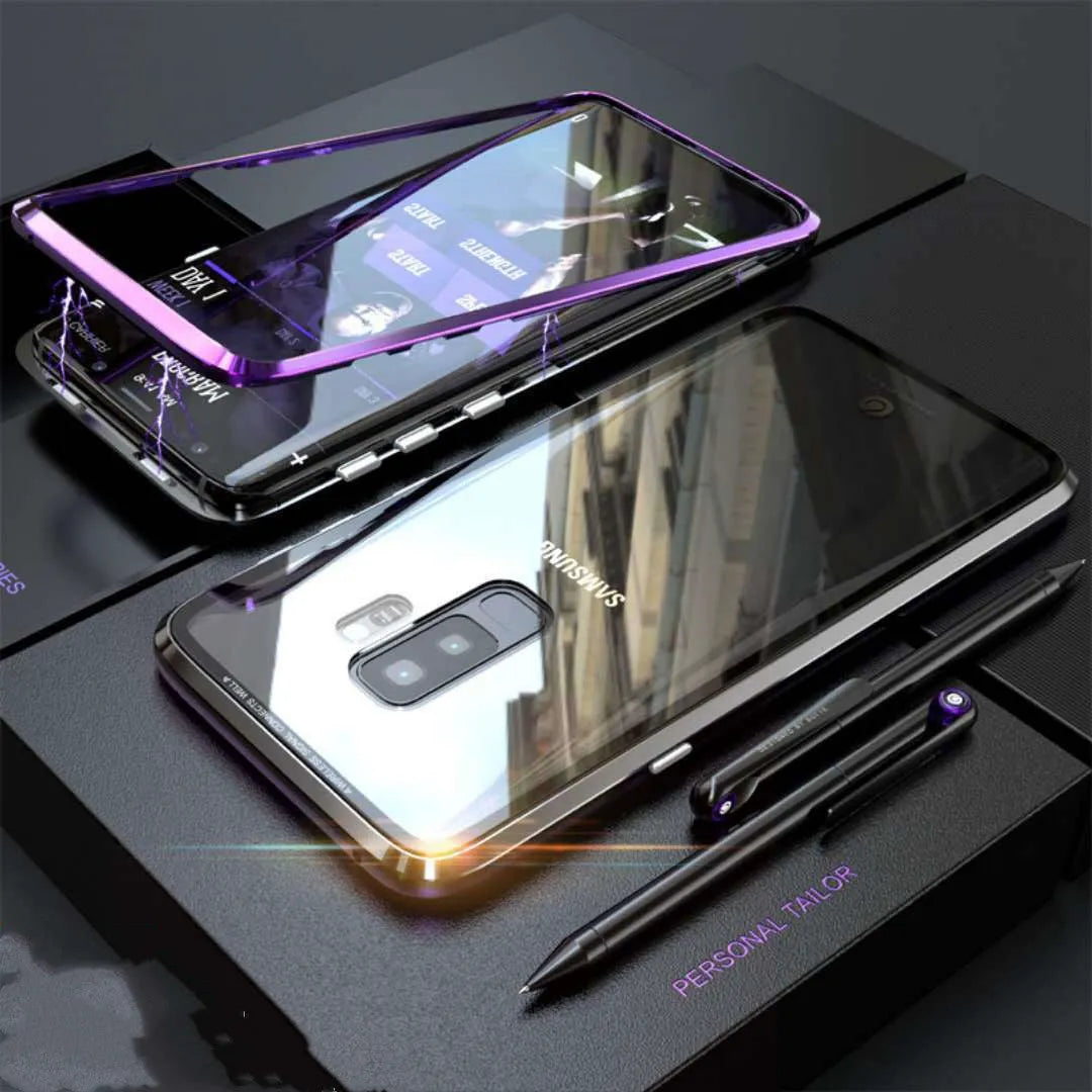 Samsung anti-peeping magnetic phone case in clamshell design with double-sided glass construction