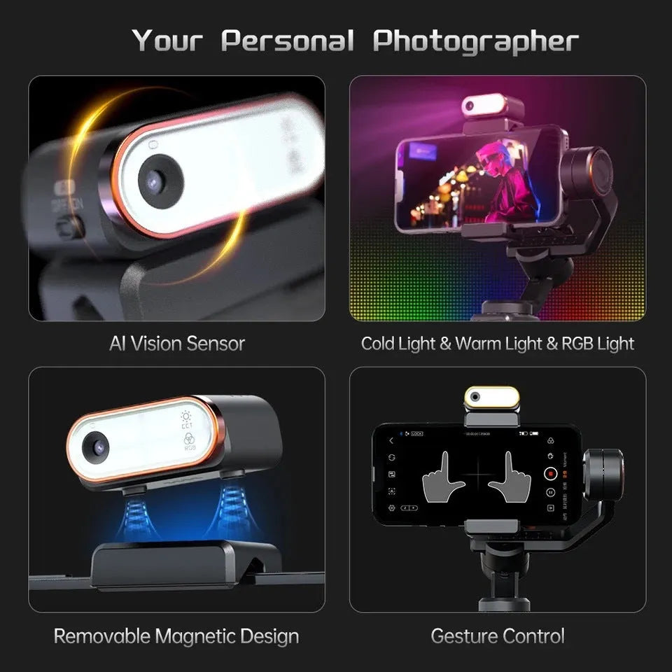 Black three-axis vlog stabiliser with AI face tracking and magnetic fill light for smartphones