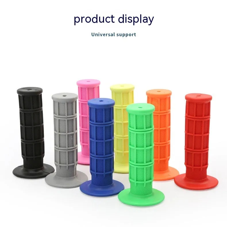 Set of two 22mm rubber motorcycle handle grips in assorted colours on a plain background.