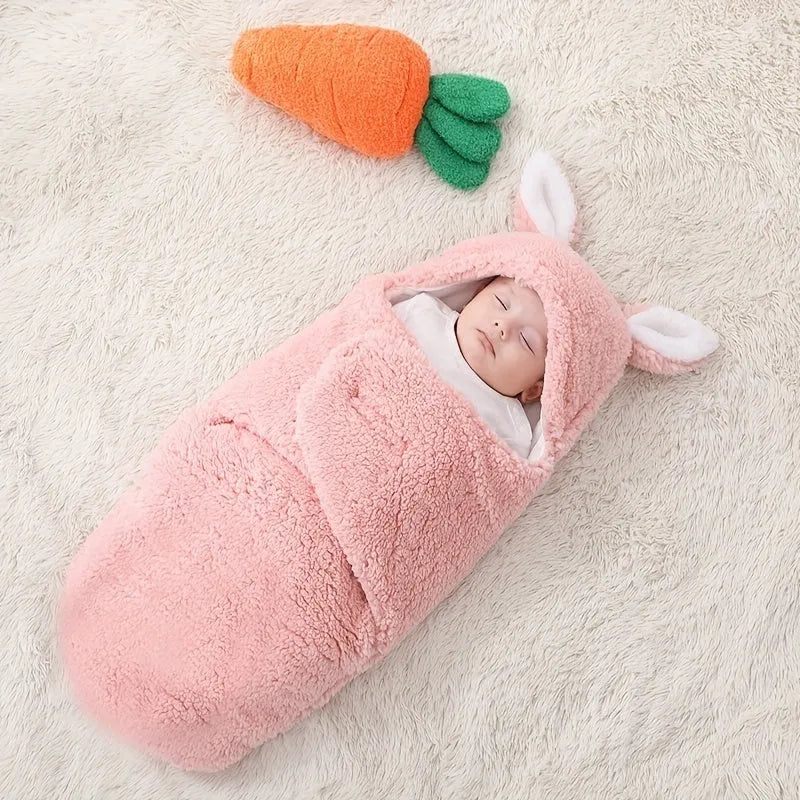 Baby wearing soft fleece sleeping bag with head support and velcro closures