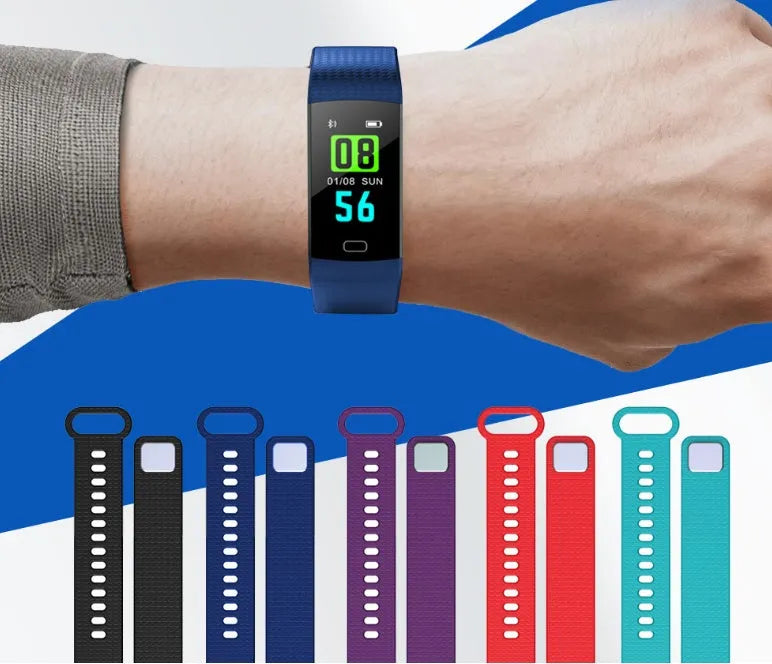 Smart band fitness tracker with heart rate monitor, 0.96 inch TFT colour screen, IP67 waterproof, adjustable strap, five colours