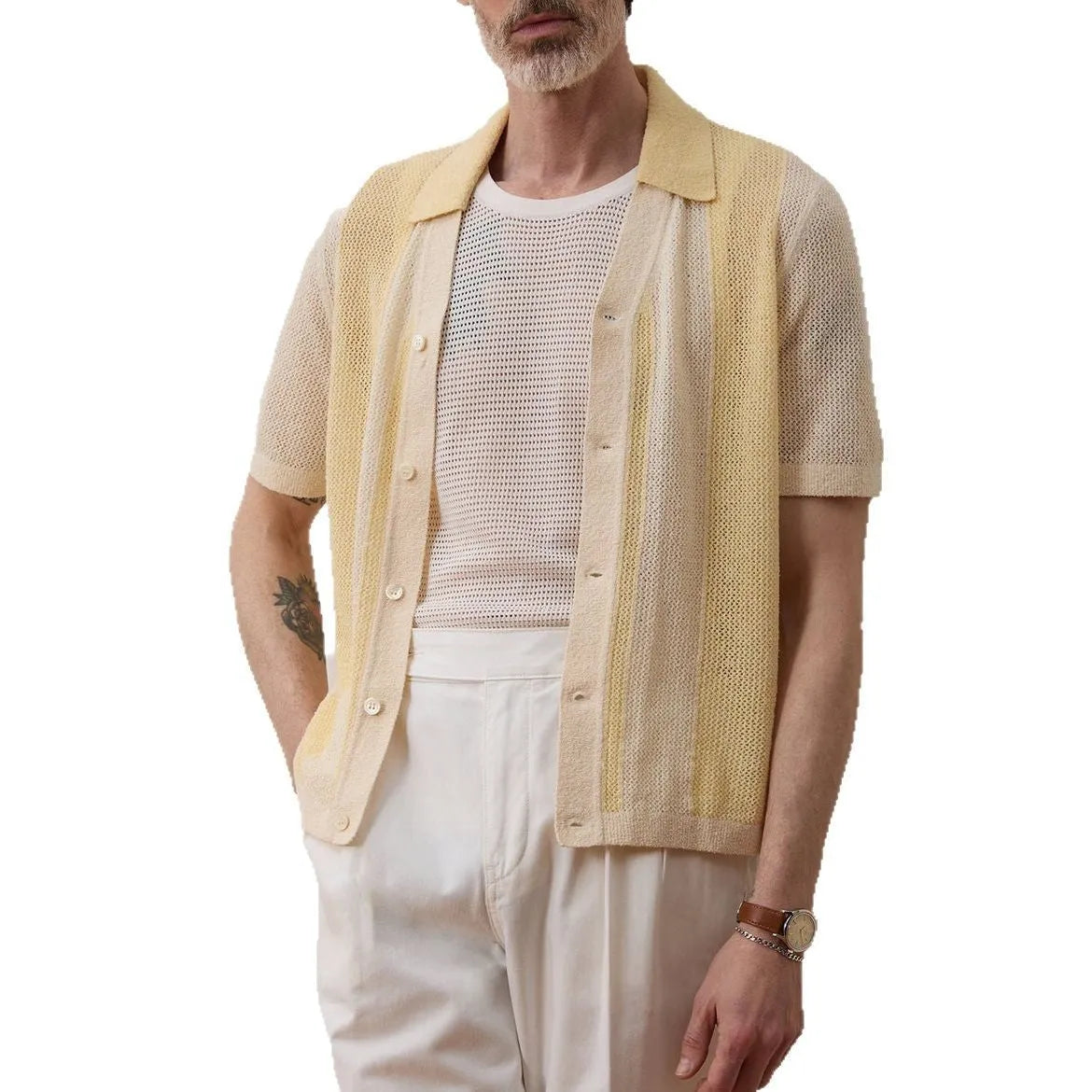 Yellow casual polo shirt with hollow-out design and asymmetric cut, short sleeves, made from Tencel fabric.