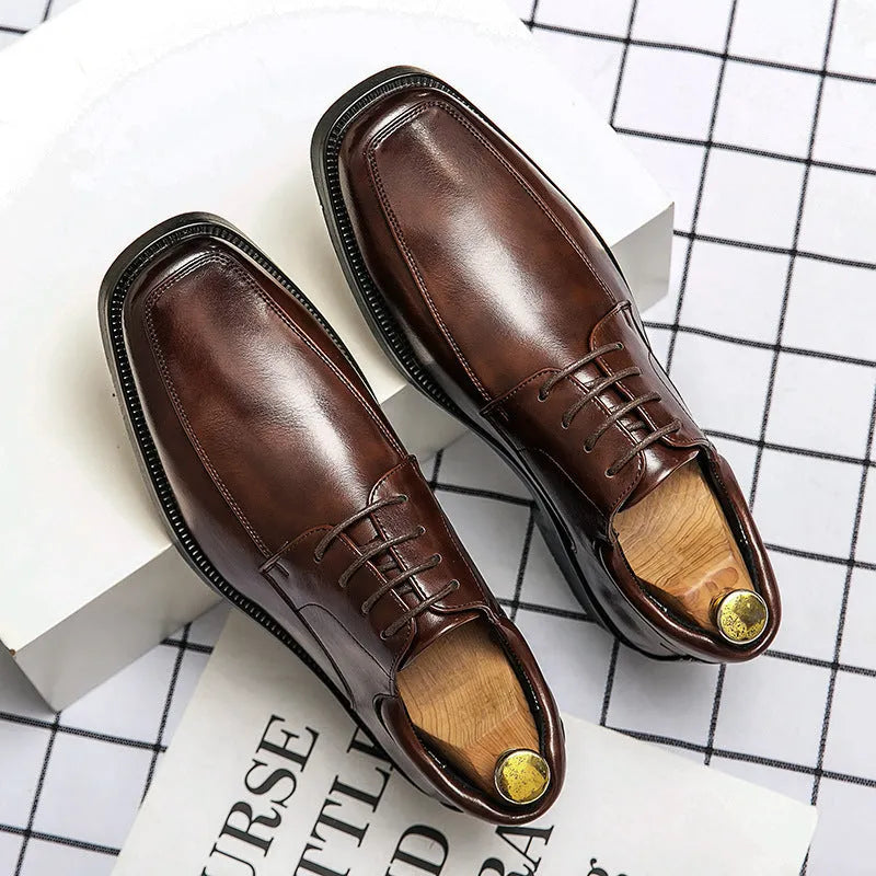 Men's black square toe business casual shoes with rubber soles and artificial PU upper