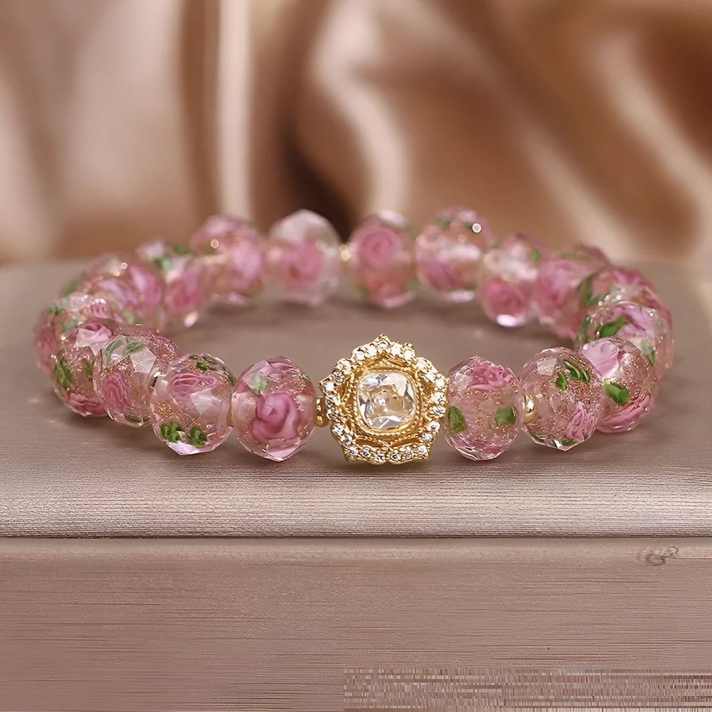 Flower Story pink crystal bracelet women's light luxury electroplated glass coloured glaze bracelet