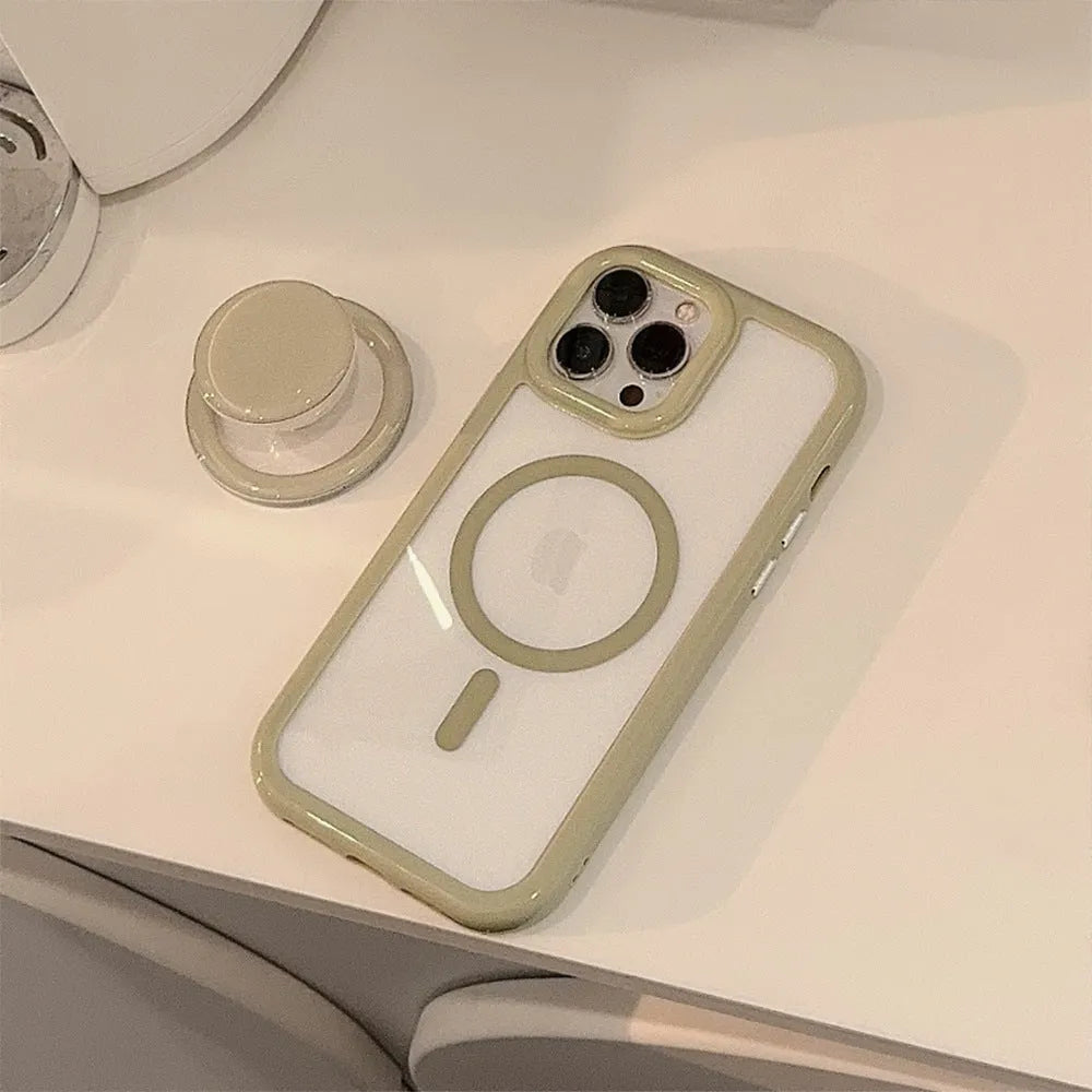 Simple Ins solid colour magnetic bracket phone case for iPhone 16 series in transparent acrylic with black magnetic bracket edge