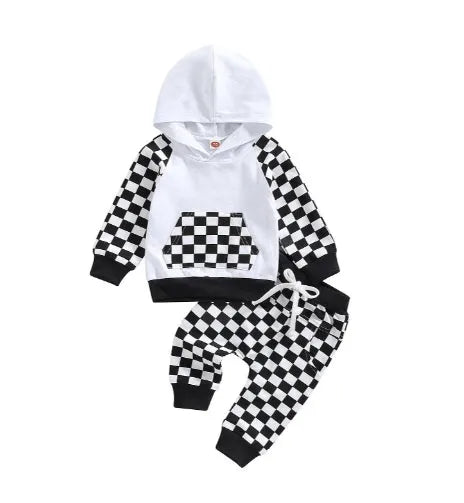 Boys' plaid patchwork cotton hoodie and trousers suit in beige and black neutral colours