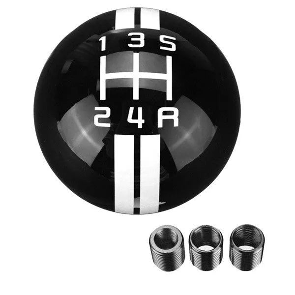Black acrylic car gear head for 5-speed manual transmission, showing red lettering shift pattern.