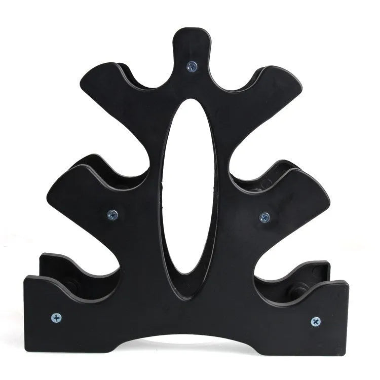 White PVC dumbbell storage rack with removable mounting bracket on a clean floor.